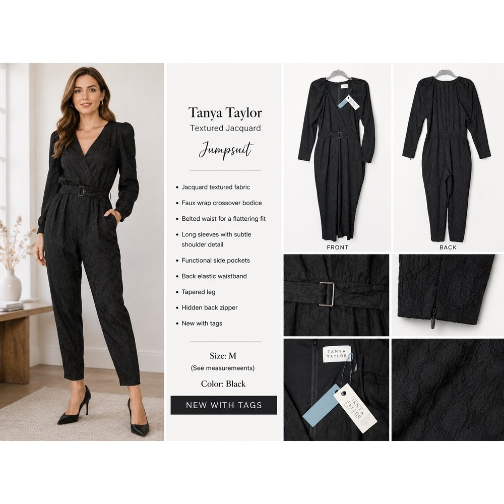 Tanya Taylor Black Jacquard Belted Wrap Jumpsuit NWT Textured Cocktail Medium